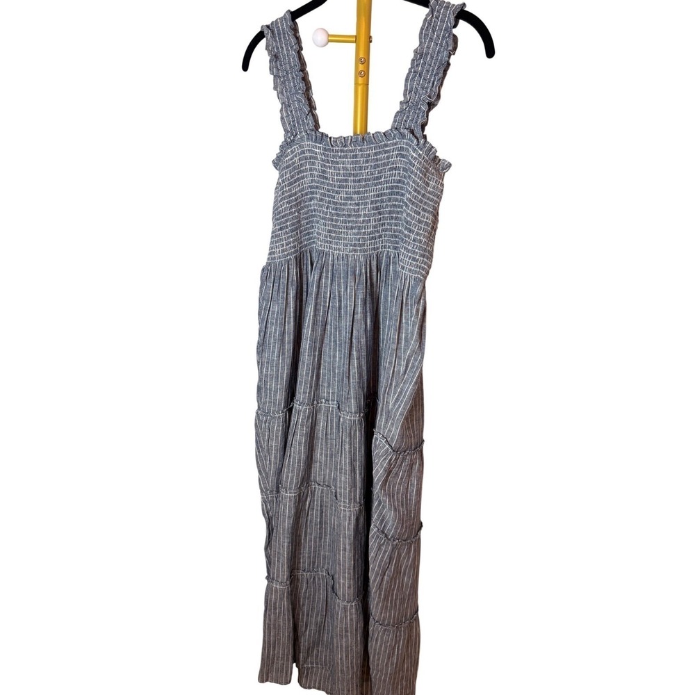 Quince Women XL Blue White Striped 100% Linen Smocked Tiered Maxi Dress NWT - Picture 2 of 8